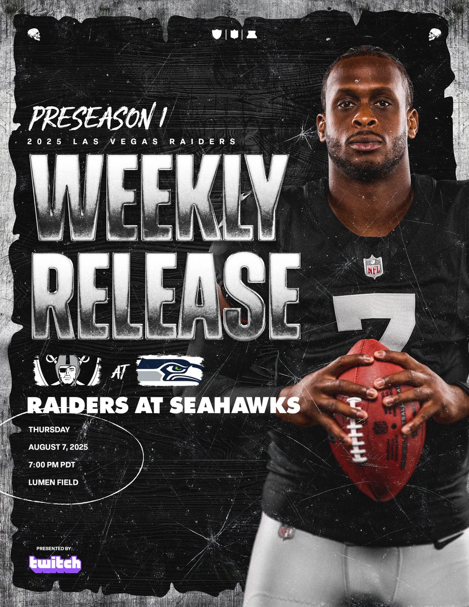 Raiders PR (@raiders_pr) on Twitter photo #Raiders Game Release - Preseason Week 1 at Seattle Seahawks
FULL PDF: bit.ly/RaidersPSWK1Re…
📍Lumen Field
📅Thursday, Aug. 7th - 7:00 p.m. PT 📷
📺<a href="/FOX5Vegas/">FOX5 Las Vegas</a>
(<a href="/HorowitzJason/">Jason Horowitz</a>, <a href="/kirkmorrison/">Kirk Morrison</a>, <a href="/RichGannon12/">Rich Gannon</a>)
📻<a href="/RNR920AM/">Raider Nation Radio</a>
(<a href="/JTTheBrick/">JT The Brick</a>, <a href="/EricAllen619/">Eric Allen</a>, Matt Millen) #Raiders Game Release - Preseason Week 1 at Seattle Seahawks
FULL PDF: bit.ly/RaidersPSWK1Re…
📍Lumen Field
📅Thursday, Aug. 7th - 7:00 p.m. PT 📷
📺<a href="/FOX5Vegas/">FOX5 Las Vegas</a>
(<a href="/HorowitzJason/">Jason Horowitz</a>, <a href="/kirkmorrison/">Kirk Morrison</a>, <a href="/RichGannon12/">Rich Gannon</a>)
📻<a href="/RNR920AM/">Raider Nation Radio</a>
(<a href="/JTTheBrick/">JT The Brick</a>, <a href="/EricAllen619/">Eric Allen</a>, Matt Millen)