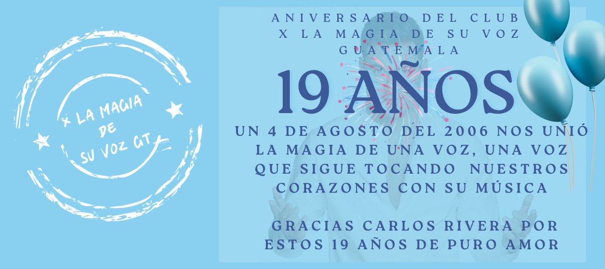 XlaMagiaDeSuVoz (@xlamagiadesuvoz) on Twitter photo 🎉🇬🇹 ¡Feliz 19º Aniversario! 🇬🇹🎉
Club de Fans "X la Magia de su Voz " Hoy celebramos 19 años de amor, admiración y entrega a un artista que ha tocado nuestras almas con su voz, su pasión y su autenticidad <a href="/_CarlosRivera/">Carlos Rivera</a> en Guatemala te amamos 🩵 🎉🇬🇹 ¡Feliz 19º Aniversario! 🇬🇹🎉
Club de Fans "X la Magia de su Voz " Hoy celebramos 19 años de amor, admiración y entrega a un artista que ha tocado nuestras almas con su voz, su pasión y su autenticidad <a href="/_CarlosRivera/">Carlos Rivera</a> en Guatemala te amamos 🩵