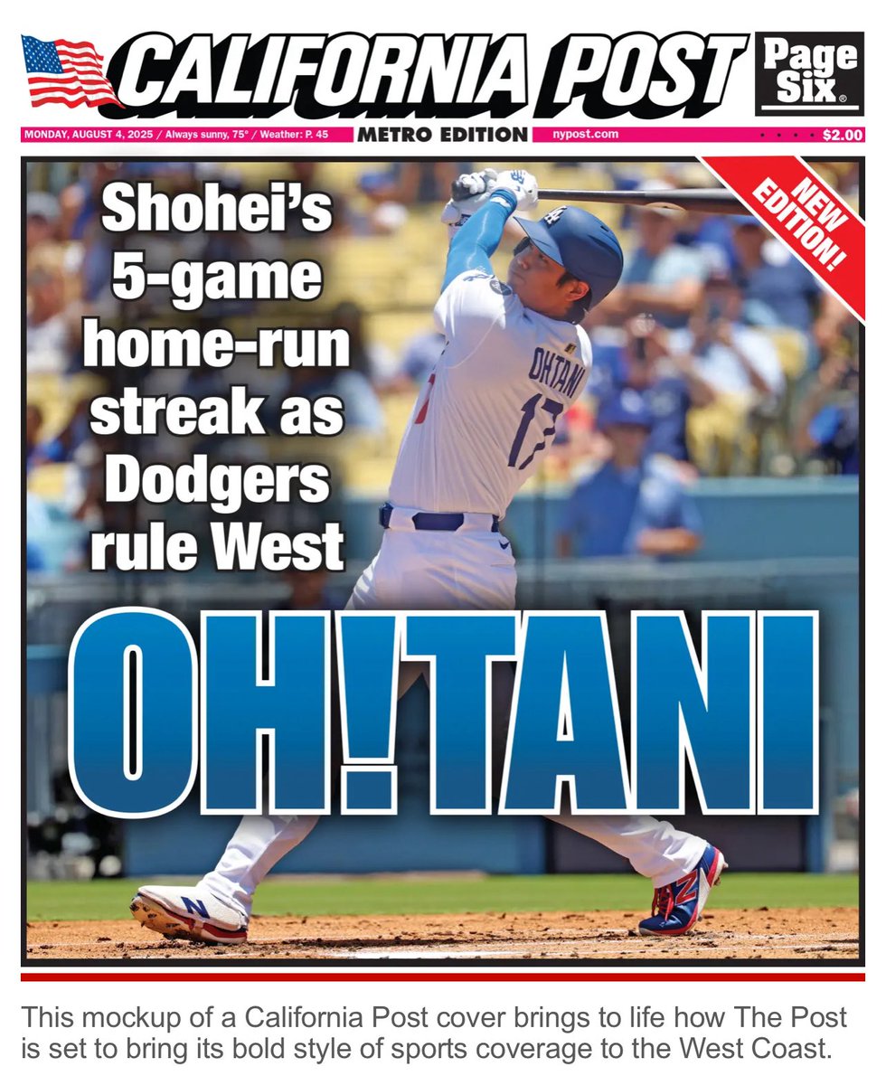 ニューヨーク・ポストが、カリフォルニア版、カリフォルニア・ポストを創刊するんですってよ。虚構新聞ネタかと思ったらマジでした。

リンク内にスポーツも頑張ります的内容とモックアップ載せてるけど、これは中々よろしいのでは？？確かにこの手の新聞（タブロイド）ないもんな