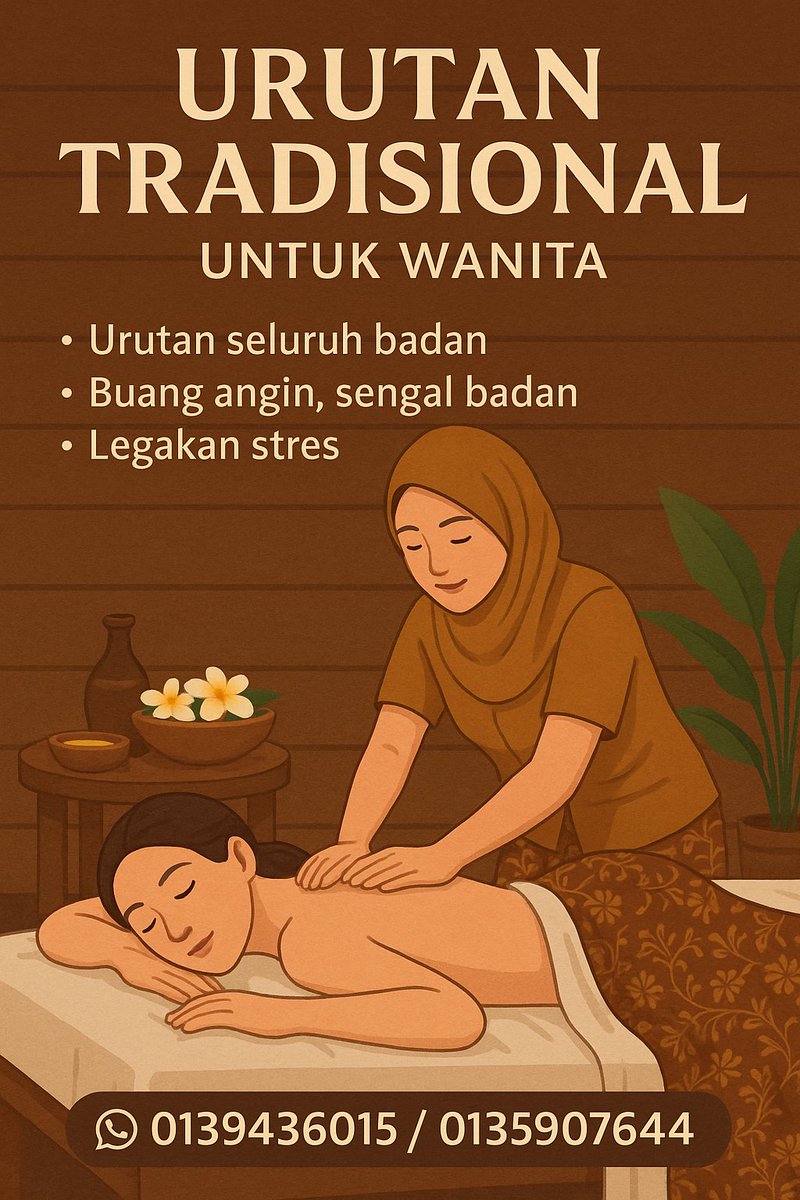 💆‍♀️ Urut badan, lega stres &amp; sengal!

Untuk wanita, ibu mengandung, ibu bersalin &amp; warga emas.

📍 Pasir Gudang – Johor Bahru

📞 013-943 6015