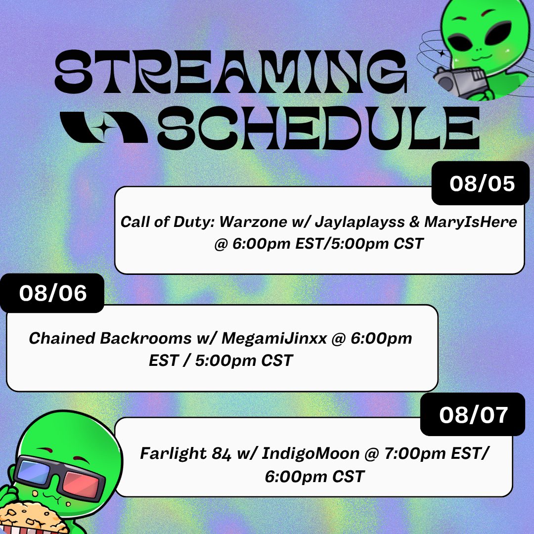 𝐓𝐡𝐞𝐞 𝐌𝐚𝐫𝐭𝐢𝐚𝐧 💋👽 (@_nikdamartian) on Twitter photo Stream schedule for the week! This week is FULL of collabs with my girls <a href="/jaylaplayss_ttv/">birthday on aug 21st🥳</a> <a href="/MaryIsHerex/">maryishere ❤️</a> <a href="/MegamiJinxx/">Jinxx</a> & <a href="/NelleJ98/">Nelle' aka IndigoMoon</a> ! It’s gonna be a good ass time so make sure y’all tune in! Stream schedule for the week! This week is FULL of collabs with my girls <a href="/jaylaplayss_ttv/">birthday on aug 21st🥳</a> <a href="/MaryIsHerex/">maryishere ❤️</a> <a href="/MegamiJinxx/">Jinxx</a> & <a href="/NelleJ98/">Nelle' aka IndigoMoon</a> ! It’s gonna be a good ass time so make sure y’all tune in!