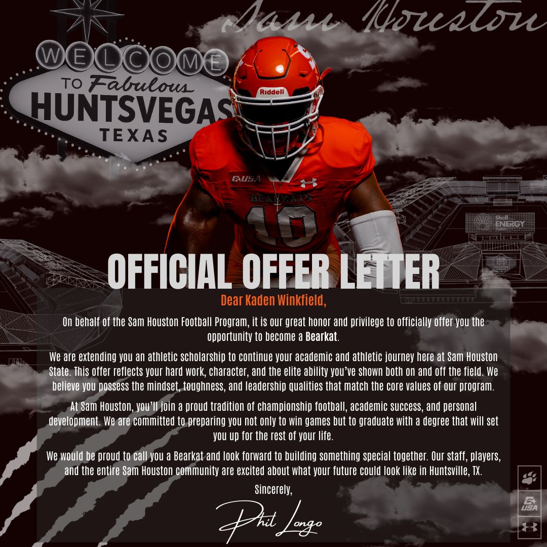 Kaden Winkfield (@kaden_winkfield) on Twitter photo #Philippians413
After a great conversation with <a href="/A_B_Williams26/">Coach Tone</a> & <a href="/DeMarcus_newman/">De’Marcus Newman</a> I am extremely blessed to earn an official offer from <a href="/BearkatsFB/">Sam Houston Football</a> #EatEmUpKats
<a href="/ocrobbyjones/">Robby Jones</a> <a href="/RecruitAledo/">Recruit Aledo</a> <a href="/MikeRoach247/">Mike Roach</a> <a href="/JGray32/">JGraySP</a> <a href="/foster_sawyer/">Foster Sawyer</a> <a href="/TXRecruits/">Texas Recruits</a> <a href="/TXTopTalent/">TX TOP TALENT</a> <a href="/Marchen44/">On Da Marc Sports🏈</a> <a href="/TFloss32/">Todd Glawson</a> #Philippians413
After a great conversation with <a href="/A_B_Williams26/">Coach Tone</a> & <a href="/DeMarcus_newman/">De’Marcus Newman</a> I am extremely blessed to earn an official offer from <a href="/BearkatsFB/">Sam Houston Football</a> #EatEmUpKats
<a href="/ocrobbyjones/">Robby Jones</a> <a href="/RecruitAledo/">Recruit Aledo</a> <a href="/MikeRoach247/">Mike Roach</a> <a href="/JGray32/">JGraySP</a> <a href="/foster_sawyer/">Foster Sawyer</a> <a href="/TXRecruits/">Texas Recruits</a> <a href="/TXTopTalent/">TX TOP TALENT</a> <a href="/Marchen44/">On Da Marc Sports🏈</a> <a href="/TFloss32/">Todd Glawson</a>