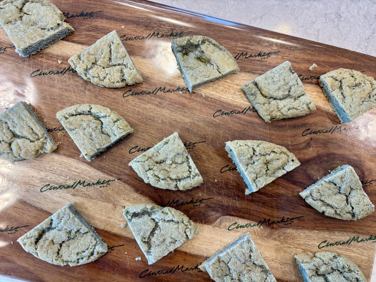 Samples for Blue Corn Hatch Cookies at Central Market.   These are good!  They taste like a very sweet cornbread. 
It’s Hatch Chile season y’all!