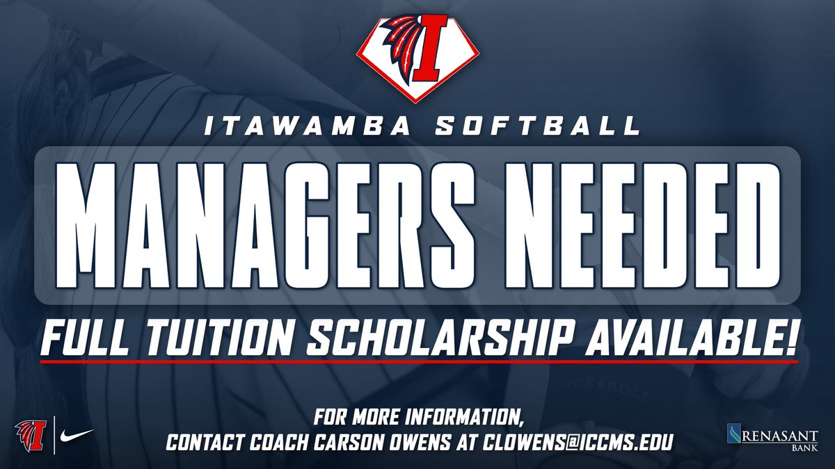 Itawamba CC Softball (@letsgoicc_sb) on Twitter photo COME JOIN THE TRIBE!!!! ๐
We are looking for ONE more manager to join our Tribe for this upcoming year!
If interested, please email Coach Owens at clowens@iccms.edu!
#RollTribe | #WinnersOnly COME JOIN THE TRIBE!!!! ๐
We are looking for ONE more manager to join our Tribe for this upcoming year!
If interested, please email Coach Owens at clowens@iccms.edu!
#RollTribe | #WinnersOnly