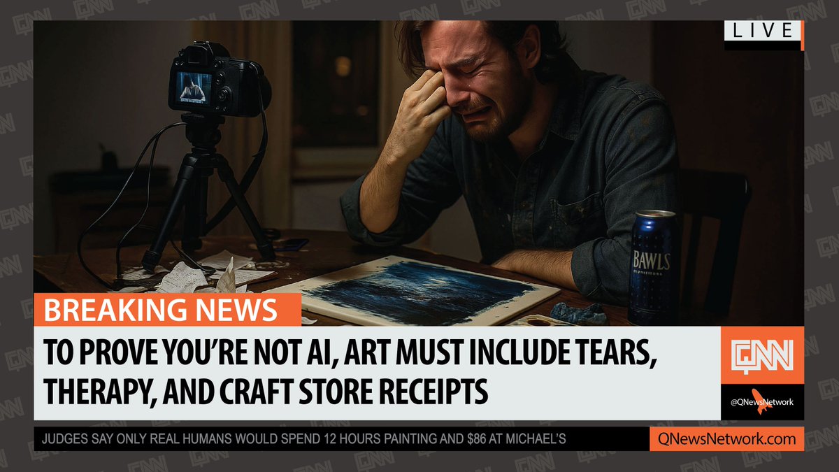 QNewsNetwork's tweet photo. QNN now requires you to cry, spend money, and talk to a therapist just to prove you’re not AI. And that’s before you even draw. The full rules are wild.  Find out what else qualifies as “proof of humanity”:  https://t.co/huXC2w2lad
#quakecon @quakecon #qnn #qnewsnetwork https://t.co/ND5HlcFik6