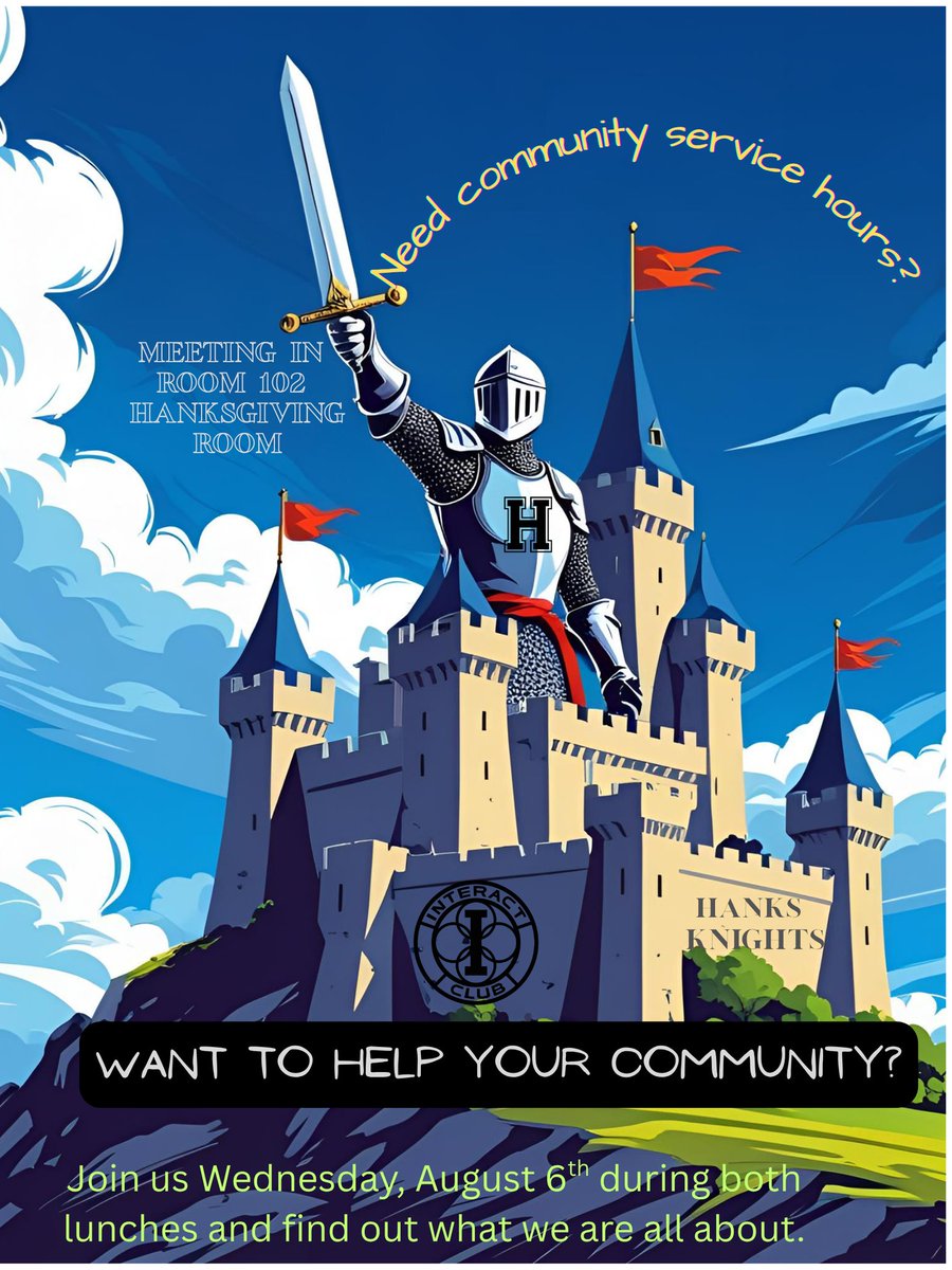 Need community service hours? Have some spare time? Want to get involved? Join us this Wednesday, August 6th, for our 1st Interact meeting in Room 102 (Hanksgiving Room) during both lunches. Meet the officers, bring a friend! Snacks will be provided. #TogetherWeCanDoAnything