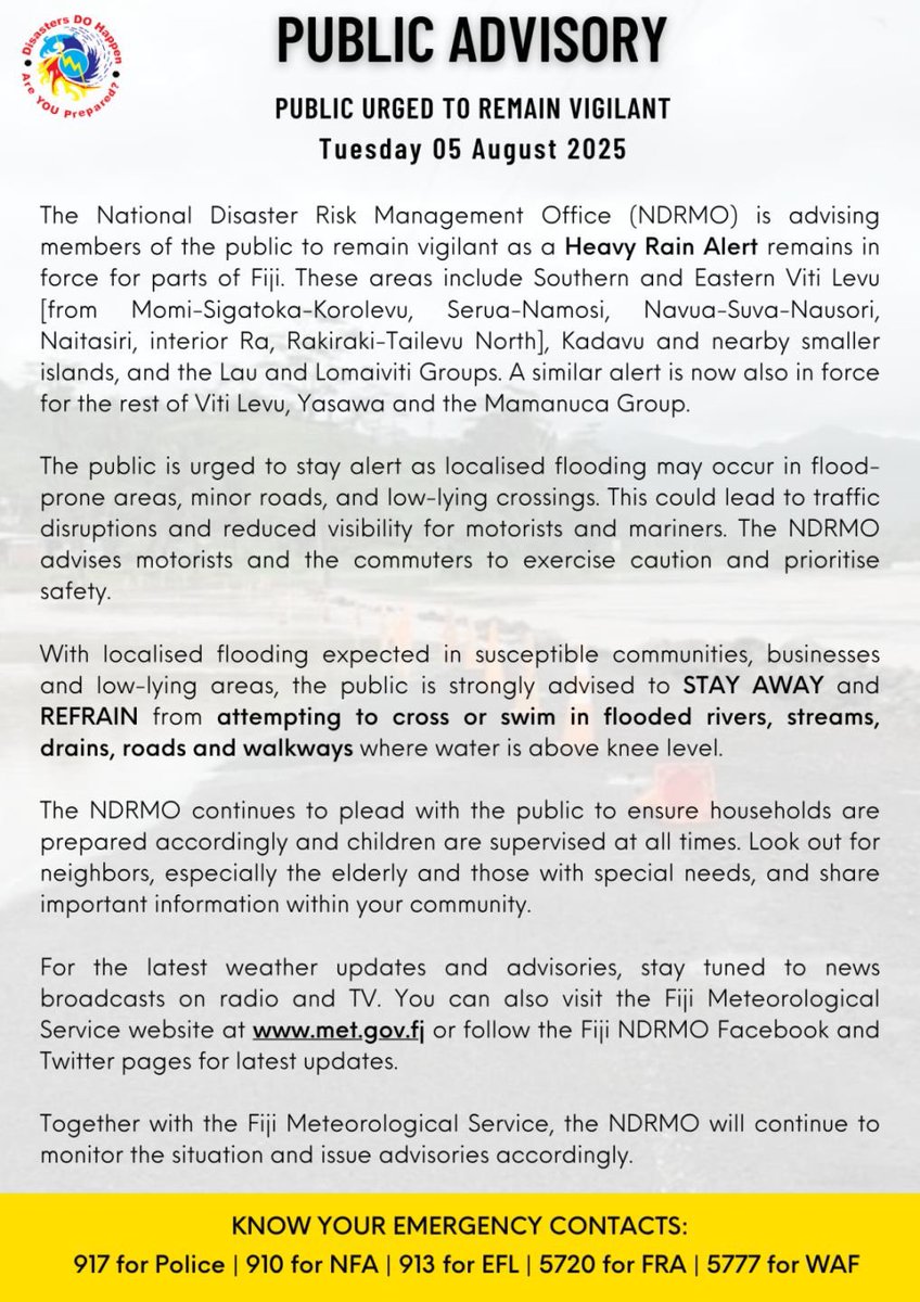 Fiji NDRMO (@fijindrmo) on Twitter photo 📢 PUBLIC ADVISORY📍
⚠️Members of the public urged to remain vigilant
🚨Heavy Rain Alert in force for parts of Fiji
⚠️Localised flooding expected in susceptible communities and low-lying areas
🚫 STAY AWAY from flooded rivers, roads, walkways or crossings
✅ Read more ⬇️ 📢 PUBLIC ADVISORY📍
⚠️Members of the public urged to remain vigilant
🚨Heavy Rain Alert in force for parts of Fiji
⚠️Localised flooding expected in susceptible communities and low-lying areas
🚫 STAY AWAY from flooded rivers, roads, walkways or crossings
✅ Read more ⬇️