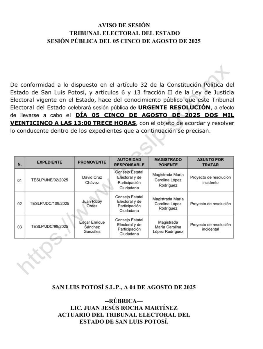 AVISO DE SESIÓN
TRIBUNAL ELECTORAL DEL ESTADO
SESIÓN PÚBLICA DEL 05 DE AGOSTO DE 2025
Hace del conocimiento público que este Tribunal Electoral del Estado celebrará sesión pública de URGENTE RESOLUCIÓN, el DÍA 05 CINCO DE AGOSTO DE 2025 A LAS 13:00 HORAS. teeslp.gob.mx/.../sesion-jur…