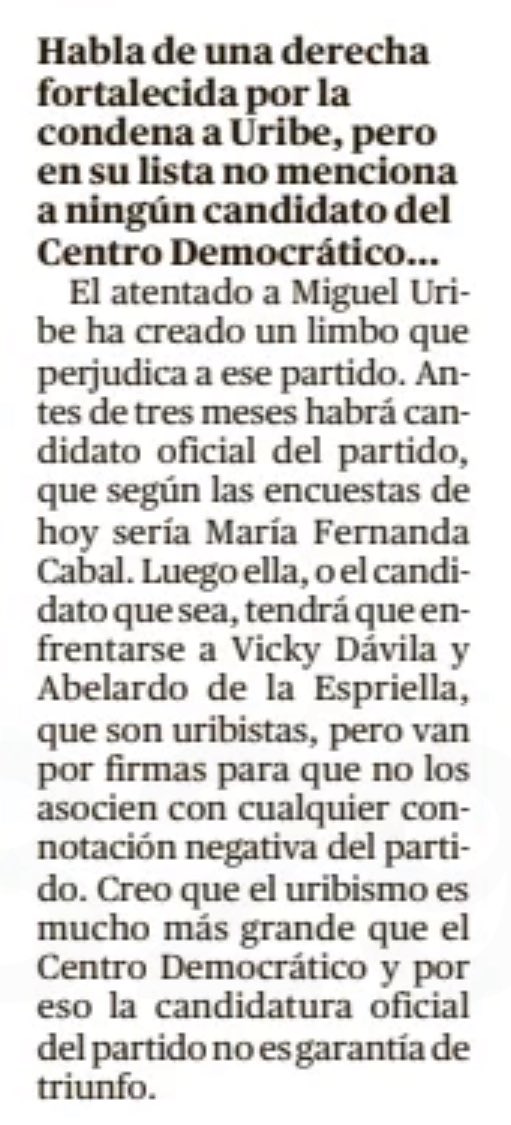 Laureano Tirado (@laureanotirado) on Twitter photo Felipe López Caballero es un hombre del poder y lo conoce como nadie. En entrevista con María Isabel Rueda sentencia que la candidatura de la derecha se la peleará <a href="/MariaFdaCabal/">María Fernanda Cabal</a>, <a href="/ABDELAESPRIELLA/">Abelardo De La Espriella</a> y <a href="/VickyDavilaH/">Vicky Dávila</a> quien enfrentará al candidato que gane la consulta del Pacto Felipe López Caballero es un hombre del poder y lo conoce como nadie. En entrevista con María Isabel Rueda sentencia que la candidatura de la derecha se la peleará <a href="/MariaFdaCabal/">María Fernanda Cabal</a>, <a href="/ABDELAESPRIELLA/">Abelardo De La Espriella</a> y <a href="/VickyDavilaH/">Vicky Dávila</a> quien enfrentará al candidato que gane la consulta del Pacto