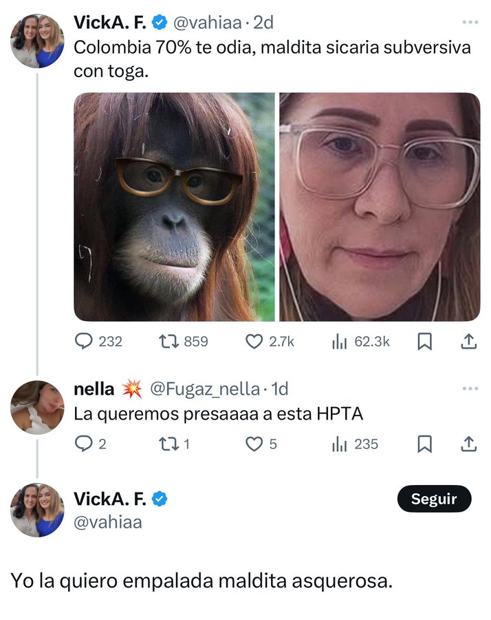 Doña Ligia 🇨🇴🇵🇸🇱🇧 (@ligia281243) on Twitter photo Senadora <a href="/MariaFdaCabal/">María Fernanda Cabal</a>
Me dicen que esta persona <a href="/vahiaa/">VickA. F.</a> es cuota suya en la <a href="/AlcaldiaDeCali/">Alcaldía de Cali</a> al mando de <a href="/alejoeder/">Alejandro Eder</a>
Le pregunto ¿Es cierto esto?
¿Apoya usted a una mujer que desea que empalen a otra mujer? Senadora <a href="/MariaFdaCabal/">María Fernanda Cabal</a>
Me dicen que esta persona <a href="/vahiaa/">VickA. F.</a> es cuota suya en la <a href="/AlcaldiaDeCali/">Alcaldía de Cali</a> al mando de <a href="/alejoeder/">Alejandro Eder</a>
Le pregunto ¿Es cierto esto?
¿Apoya usted a una mujer que desea que empalen a otra mujer?