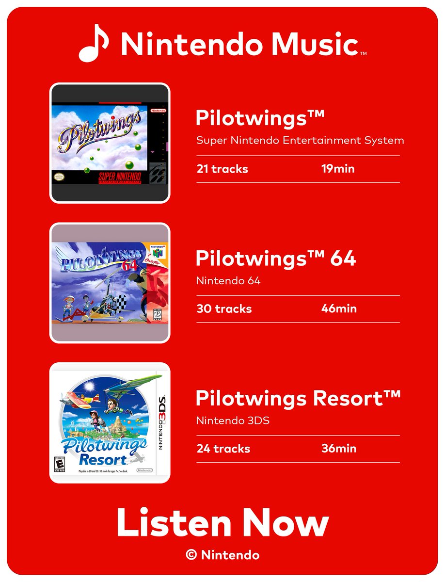 Prepare for takeoff! Music from Pilotwings, Pilotwings 64, and Pilotwings Resort is now available on the #NintendoMusic app! 
 
Listen here: ninten.do/6013sMB73