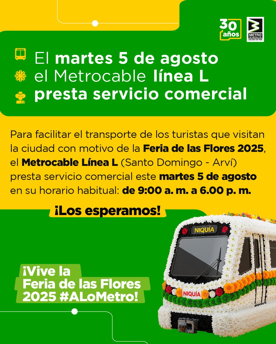 Metro de Medellín 💚 #CulturaMetro (@metrodemedellin) on Twitter photo Prográmate y visita el <a href="/ParqueArvi/">#ExperienciaArví</a> 🍃 este martes 5 de agosto viajando en el #Metrocable Línea L (Santo Domingo - Arví). 🚡
Recuerda que, desde el pasado mes de abril, tenemos nuevo esquema tarifario. 🫰
Aquí los detalles: metrodemedellin.gov.co/al-dia/noticia…
Vive la Feria #ALoMetro. 👍 Prográmate y visita el <a href="/ParqueArvi/">#ExperienciaArví</a> 🍃 este martes 5 de agosto viajando en el #Metrocable Línea L (Santo Domingo - Arví). 🚡
Recuerda que, desde el pasado mes de abril, tenemos nuevo esquema tarifario. 🫰
Aquí los detalles: metrodemedellin.gov.co/al-dia/noticia…
Vive la Feria #ALoMetro. 👍