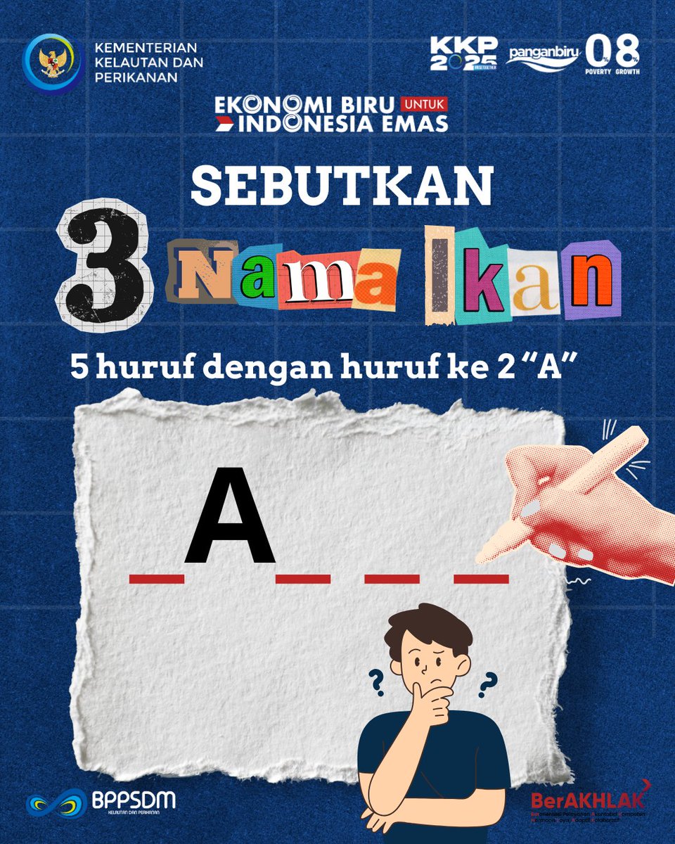 BPPSDM_BRPI_'s tweet image. Halo #SobatBahari
Yuk isi Teka-Teki Seru! Saatnya mengasah otak sambil tetap di dunia perikanan. Coba tebak, ada 3 nama ikan yang terdiri dari 5 huruf, dan huruf ke-2-nya adalah "a". 🤔🐟

#TebakIkan
#FishTime
#BPPSDM_BRPI