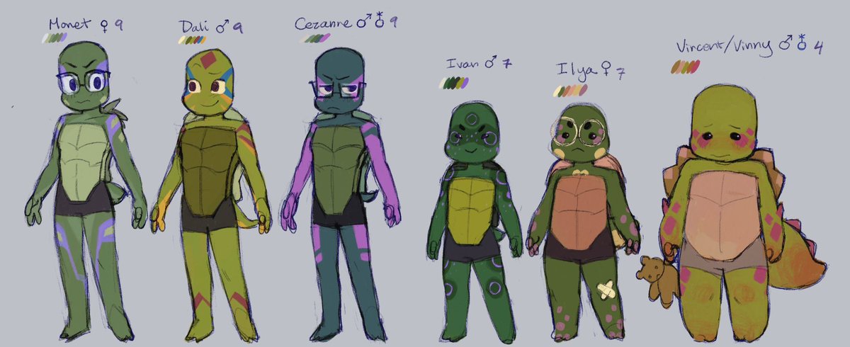 FANKIDS THAT I LOVE DEARLY!!!!! 
They all belong to <a href="/transmascdonnie/">transmasc donatello</a> ‘s #familywreathau where Donnie has kids with Leo (3), Mikey (2), and Raph (1).

I’m obsessed with all of them and I’m basically coparenting this AU
I’m also working on adult designs for all of them :3
#tcest