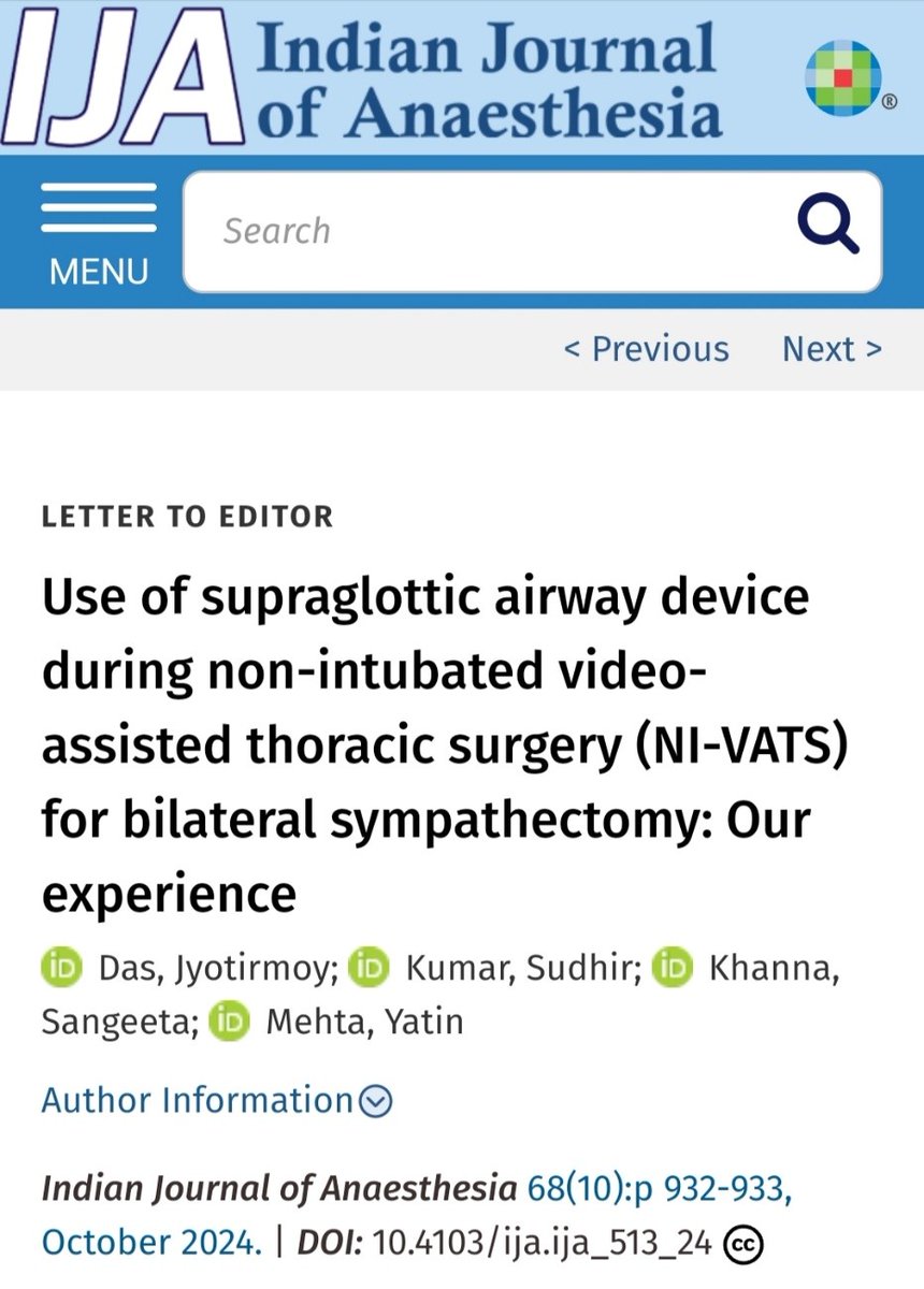 Indian Journal of Anaesthesia (IJA) (@ija_web) on Twitter photo 📒Informative Manuscript (IJA)
DOI: 10.4103/ija.ija_513_24
✅
journals.lww.com/ijaweb/fulltex…
PMID: 39449853; PMCID: PMC11498250.
pubmed.ncbi.nlm.nih.gov/39449853/
#IJA #Indian_J_Anaesth
Dr Rakesh Garg, Editor-in-Chief, IJA; Professor, AIIMS, New Delhi, India; E-mail: drrgarg@hotmail.com 📒Informative Manuscript (IJA)
DOI: 10.4103/ija.ija_513_24
✅
journals.lww.com/ijaweb/fulltex…
PMID: 39449853; PMCID: PMC11498250.
pubmed.ncbi.nlm.nih.gov/39449853/
#IJA #Indian_J_Anaesth
Dr Rakesh Garg, Editor-in-Chief, IJA; Professor, AIIMS, New Delhi, India; E-mail: drrgarg@hotmail.com