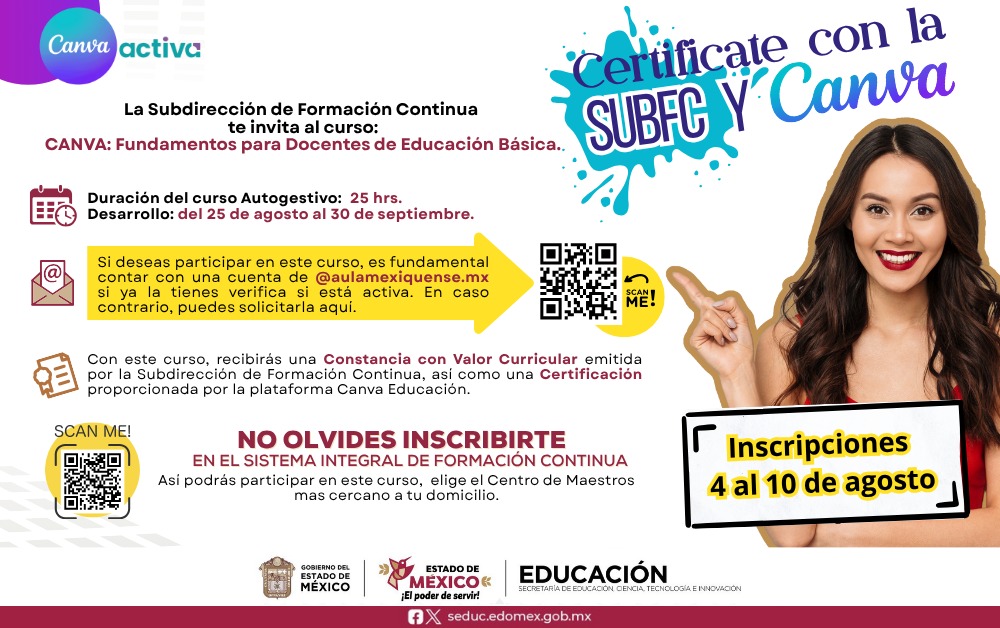 CEcatepec2's tweet photo. La SubFC y el @CEcatepec2
Invitan a los Docentes de Educación Básica, a Inscribirse al Curso: "CANVA: Fundamentos para Docentes de Educación Básica” Consolida tus habilidades. Escanea el QR de la infografía adjunta y selecciona el @Centro de Maestros Ecatepec2  ¡CUPO 100 LUGARES! https://t.co/3fLce1IB7Z