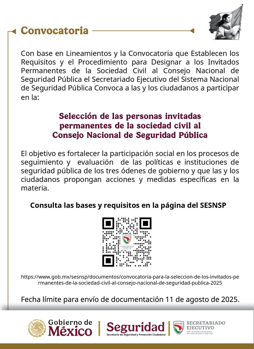 La sociedad civil es pieza clave para avanzar en una seguridad más cercana, transparente y con enfoque ciudadano.
Esta es tu oportunidad para integrarte como persona invitada permanente al Consejo Nacional de Seguridad Pública y participar activamente en la toma de decisiones que