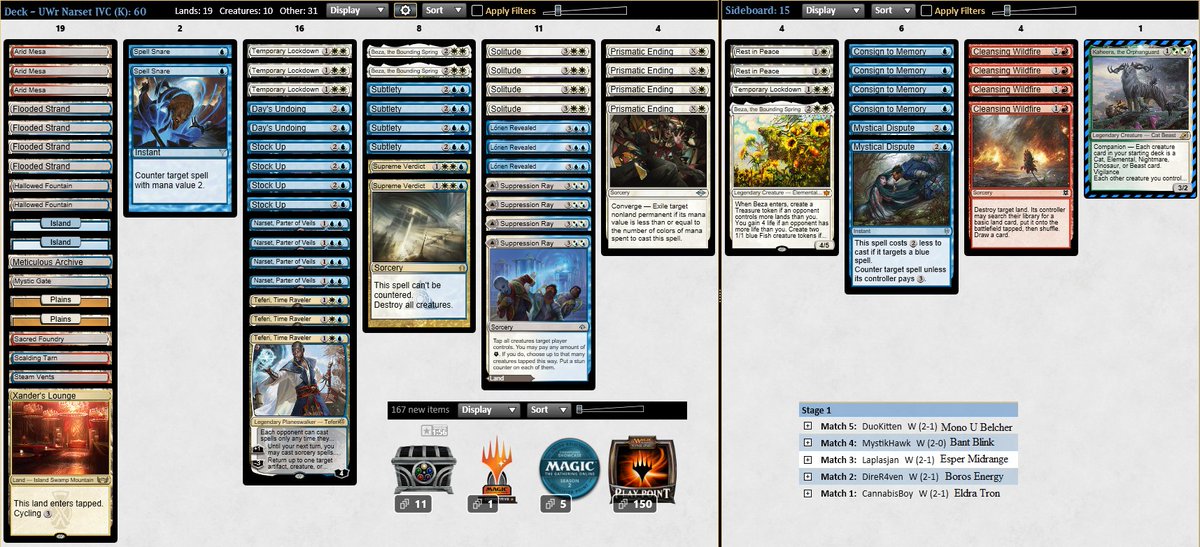 Back to back🏆5-0! 
No changes, thanks Cleansing Wildfire! ❤️‍🔥
(TOT. Score 22W-3L in leagues)

#MTGModern #UWNarset <a href="/fireshoes/">Robert Taylor🔥</a>