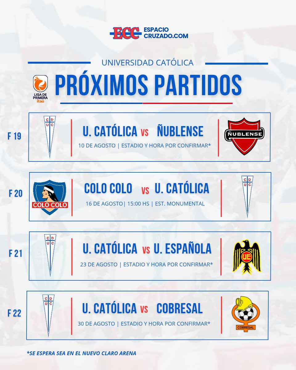 🔜 Inauguración del Claro Arena y #Clásico a la vista 🏟💥

🗓 Así viene el calendario para #LosCruzados⚪️🔵 en el Campeonato Chileno