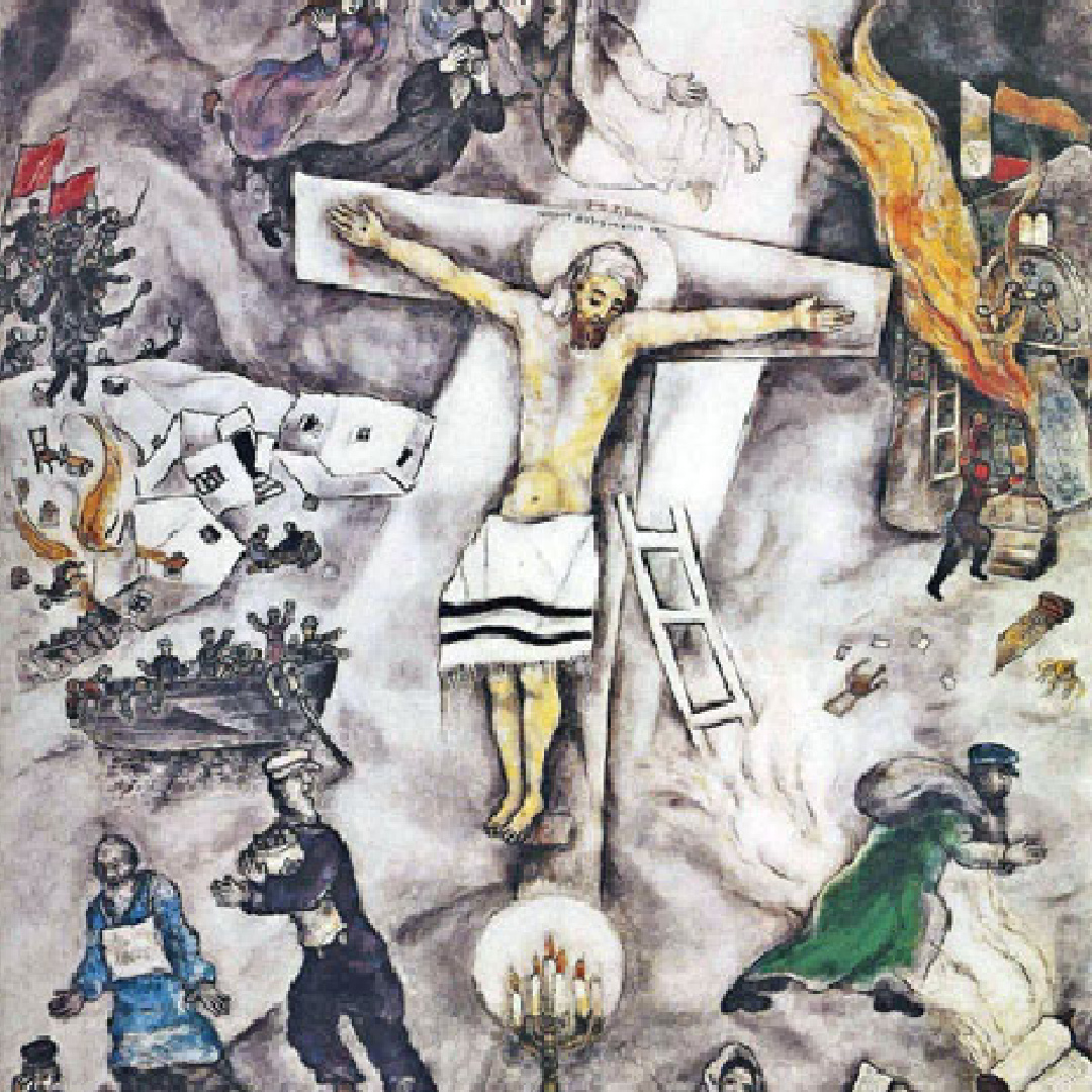 This is a painting called White Crucifixion by Marc Chagall. 

In it, Chagall depicts Jesus as the prototypical Jewish martyr, suffering at the hands of Gentile persecutors. 

In the background are other scenes of Jewish persecution throughout history. 

It's such a powerful