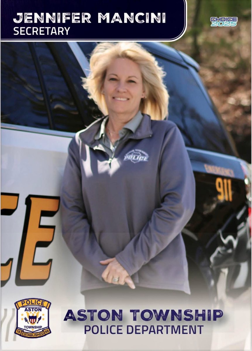 Card #22 is Police Secretary Jennifer Mancini.  Her card can be picked up at our police station located at 1 New Road, Aston.  Hours to pick up are Monday - Friday 8:30am to 3:30pm.  Released date: 08/04/25.  Card 22 of 31.

Reminder: officers do not have any trading cards!