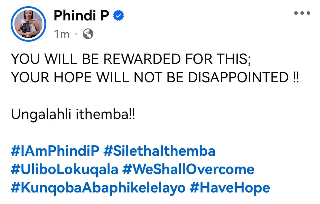 <a href="/ukhozi_fm/">Ukhozi FM Official 📻</a> <a href="/Phindi_P_/">Phindi P</a> Nkosi ngithembe wena mawungasijabhisi!!! <a href="/Phindi_P/">Phindile Ndlazi</a> #Ulibolokuqala #SilethaIthemba #KunqobaAbaphikelelayo