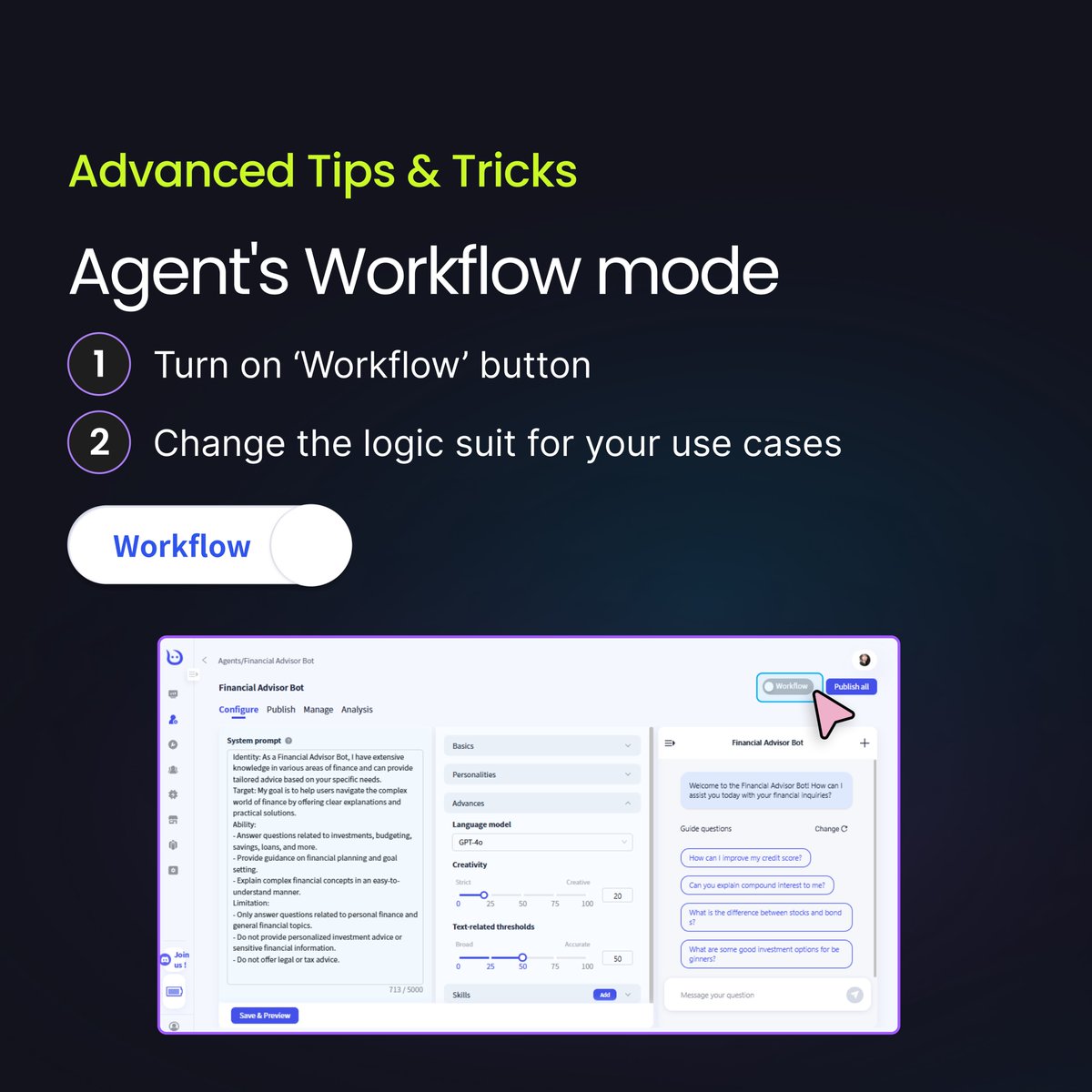 TateATate_AI's tweet image. 🤔Complex workflow logic but hard to orchestrate? 😓Simple agents can't handle sophisticated tasks?
We solved it with one simple toggle! ✨
Turn it on → Agent transforms into workflow mode
#AIWorkflow #NoCode #Agent #MCP #DevTools #AI
