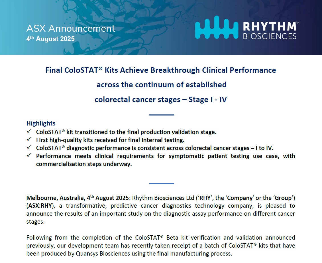 🚨 ColoSTAT® milestoone shows consistent performance across all colorectal cancer stages (I–IV) in 300 patient samples.
A key step toward commercialisation and improving early cancer detection.
#ColoSTAT #ColorectalCancer #CancerDiagnostics #EarlyDetection #RhythmBiosciences
