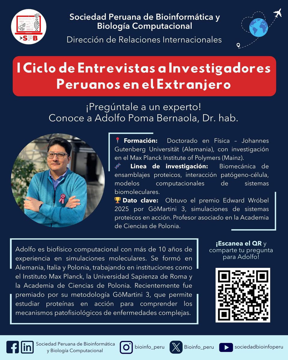 Adolfo Poma (@pomaresearch) on Twitter photo Have you ever wanted to ask a computational biophysicist about their career or topics like molecular dynamics or proteins in certain diseases? This is your chance!
Thanks to <a href="/Bioinfo_Peru/">SPBBC</a> for the invitation and <a href="/NCN_PL/">Narodowe Centrum Nauki</a> and <a href="/ipptpan/">Institute of Fundamental Technological Research</a> for their support in Poland. Have you ever wanted to ask a computational biophysicist about their career or topics like molecular dynamics or proteins in certain diseases? This is your chance!
Thanks to <a href="/Bioinfo_Peru/">SPBBC</a> for the invitation and <a href="/NCN_PL/">Narodowe Centrum Nauki</a> and <a href="/ipptpan/">Institute of Fundamental Technological Research</a> for their support in Poland.