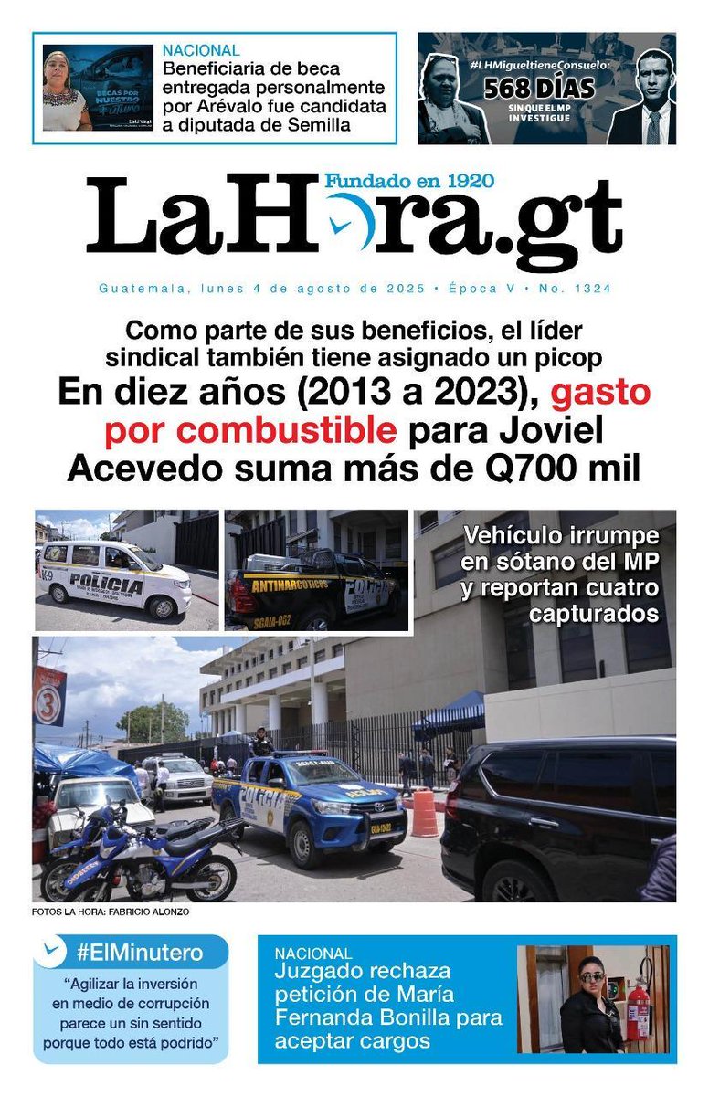#PORTADADEHOY 📰
📌 En diez años (2013 a 2023), gasto por combustible para Joviel Acevedo suma más de Q700 mil. Conoce todos los detalles aquí 👉 lnk.bio/s/lahoragt/bfd… 📲