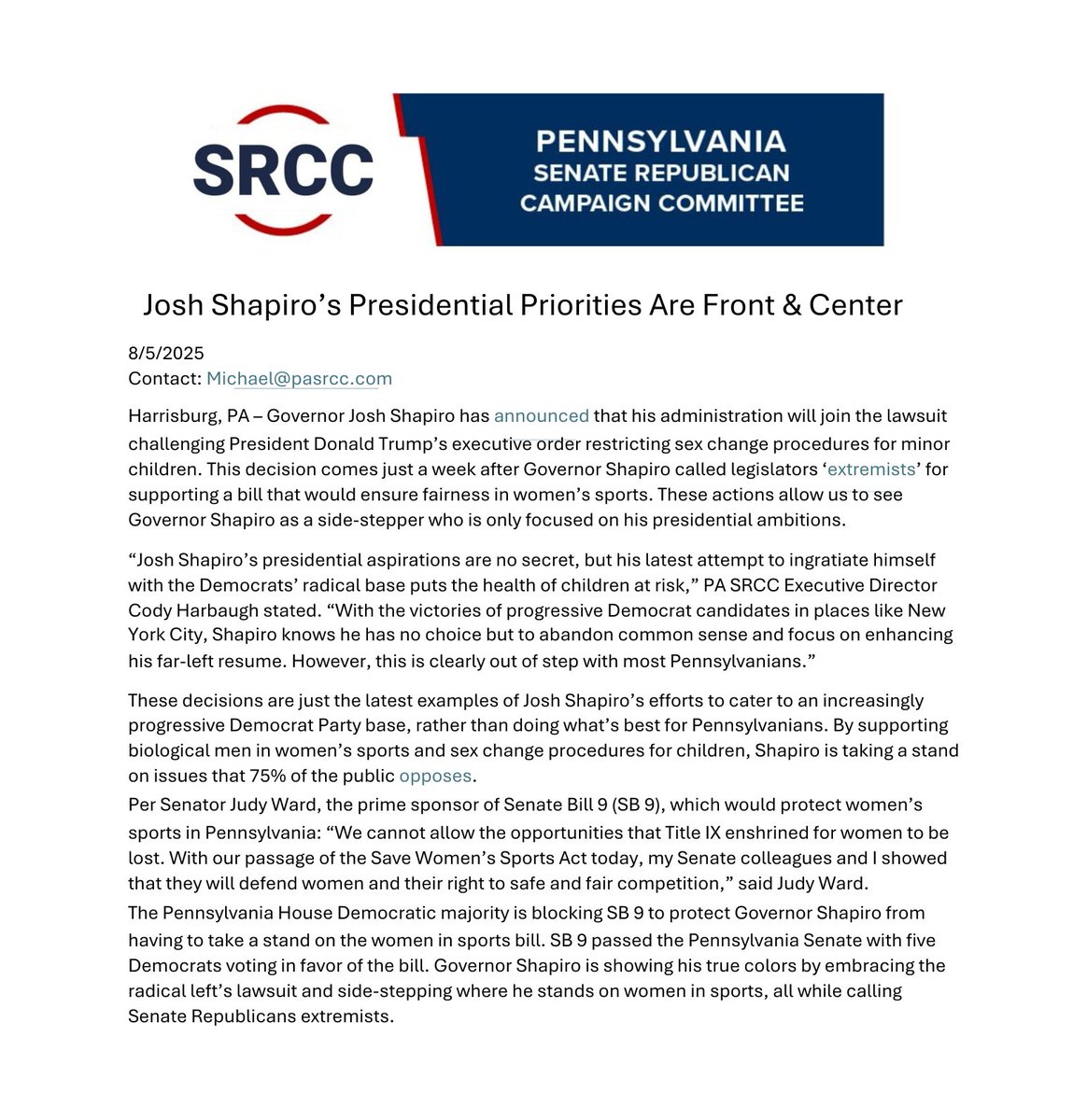 PA Senate Republican Campaign Committee (@pa_srcc) on Twitter photo Please read our release on Gov. <a href="/JoshShapiroPA/">Josh Shapiro</a>'s latest actions that alienate a majority of Pennsylvanians. ⬇️ Please read our release on Gov. <a href="/JoshShapiroPA/">Josh Shapiro</a>'s latest actions that alienate a majority of Pennsylvanians. ⬇️