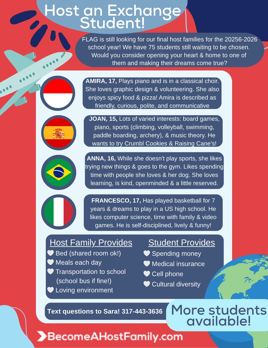 Attention MG Families-
MG is partnering with FLAG international to welcome International students to our school this year. Students are here for a semester or school year.  If you are interested in opening your home, please contact-Sara at 317-443-3636 for all the details.