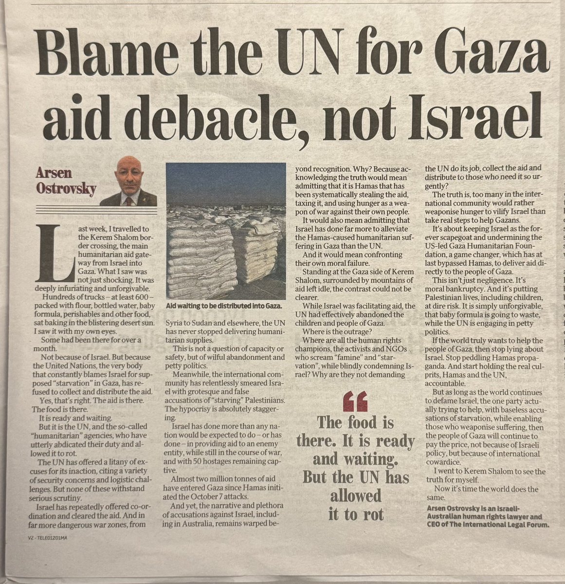 Arsen Ostrovsky 🎗️ (@ostrov_a) on Twitter photo My Op-Ed in <a href="/dailytelegraph/">The Daily Telegraph</a>: Blame the UN for Gaza aid debacle, not Israel. I went to Gaza. I saw the aid just sitting there waiting for collection. Stop amplifying Hamas propaganda and weaponizing hunger! My Op-Ed in <a href="/dailytelegraph/">The Daily Telegraph</a>: Blame the UN for Gaza aid debacle, not Israel. I went to Gaza. I saw the aid just sitting there waiting for collection. Stop amplifying Hamas propaganda and weaponizing hunger!