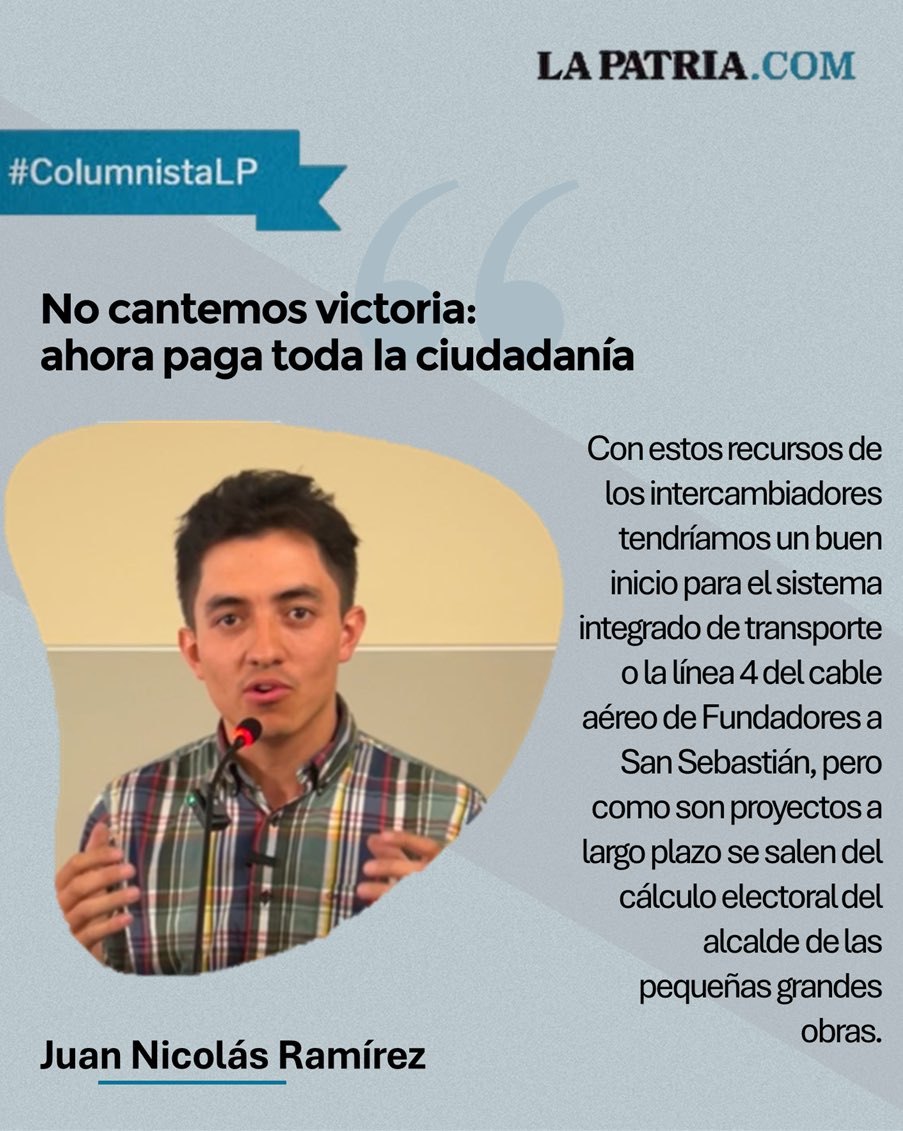 Juan Nicolás (@jnramirezg) on Twitter photo En mi primera columna para <a href="/lapatriacom/">Periódico LA PATRIA</a>, advierto decisiones de alto impacto presupuestal muy cuestionables desde lo técnico, y abordo alternativas para #Manizales más allá de los intercambiadores y el carro. Pueden leer la columna completa acá: lapatria.com/opinion/column… En mi primera columna para <a href="/lapatriacom/">Periódico LA PATRIA</a>, advierto decisiones de alto impacto presupuestal muy cuestionables desde lo técnico, y abordo alternativas para #Manizales más allá de los intercambiadores y el carro. Pueden leer la columna completa acá: lapatria.com/opinion/column…