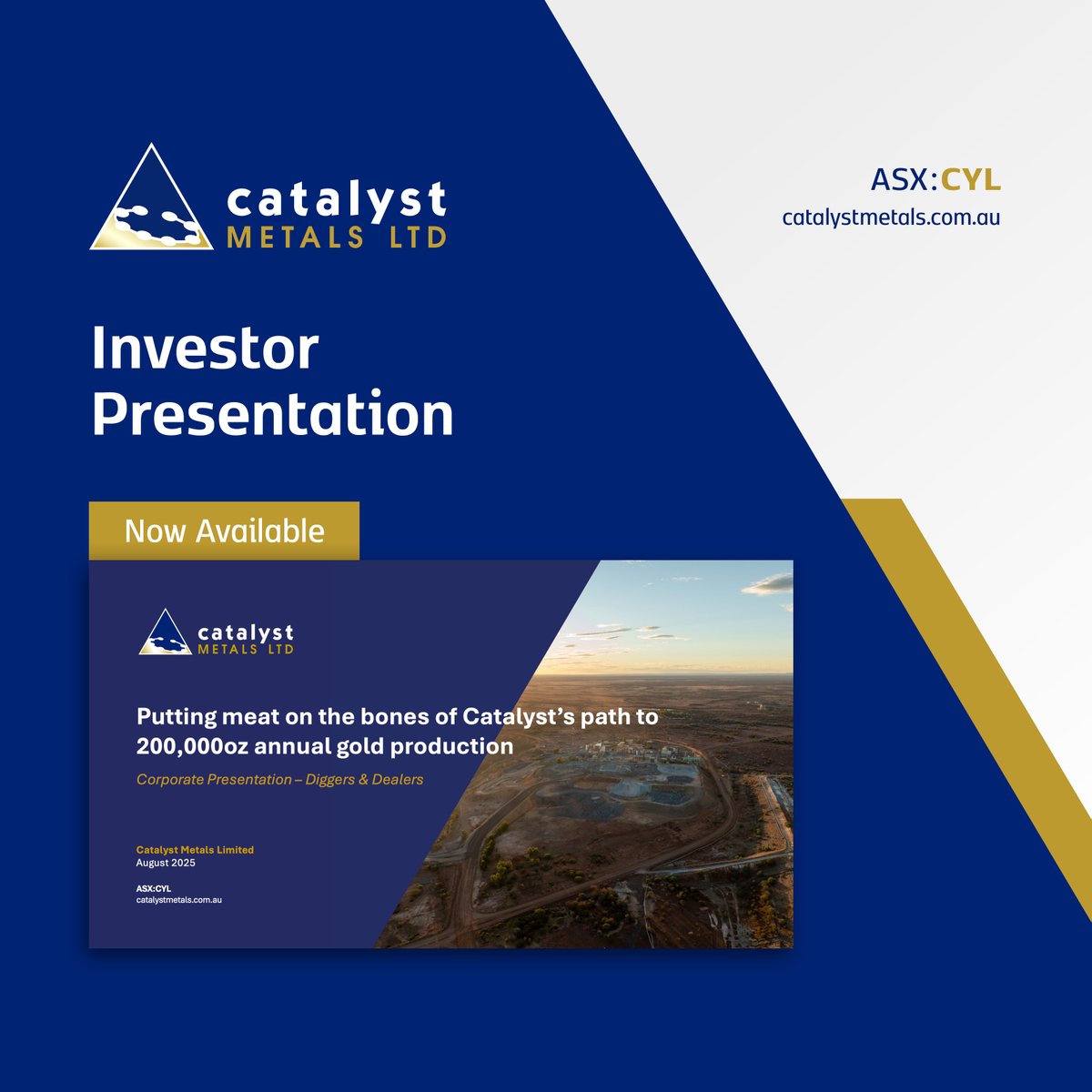 #ASXNews

$CYL.AX is pleased to share its latest corporate presentation for the 2025 Diggers &amp; Dealers Mining Forum in Kalgoorlie, WA.

View presentation: loom.ly/PTiopLk

#CatalystMetals #CYL #DiggersAndDealers #ASX #MiningConference