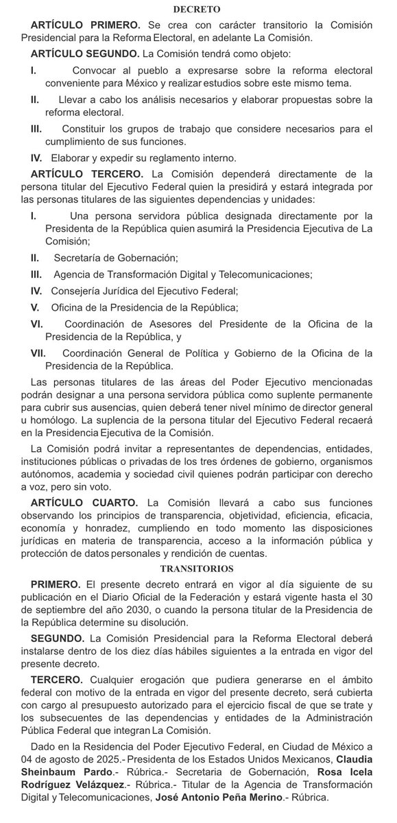 Azucena Uresti (@azucenau) on Twitter photo 🔴 Sheinbaum publica decreto para crear Comisión Presidencial para la Reforma Electoral 🗳️
El organismo dependerá directamente de la presidenta Claudia Sheinbaum, y su designado Pablo Gómez.
Estará integrada por titulares de estas dependencias:
🔹Segob <a href="/rosaicela_/">Rosa Icela Rodríguez Velázquez</a> 🔴 Sheinbaum publica decreto para crear Comisión Presidencial para la Reforma Electoral 🗳️
El organismo dependerá directamente de la presidenta Claudia Sheinbaum, y su designado Pablo Gómez.
Estará integrada por titulares de estas dependencias:
🔹Segob <a href="/rosaicela_/">Rosa Icela Rodríguez Velázquez</a>