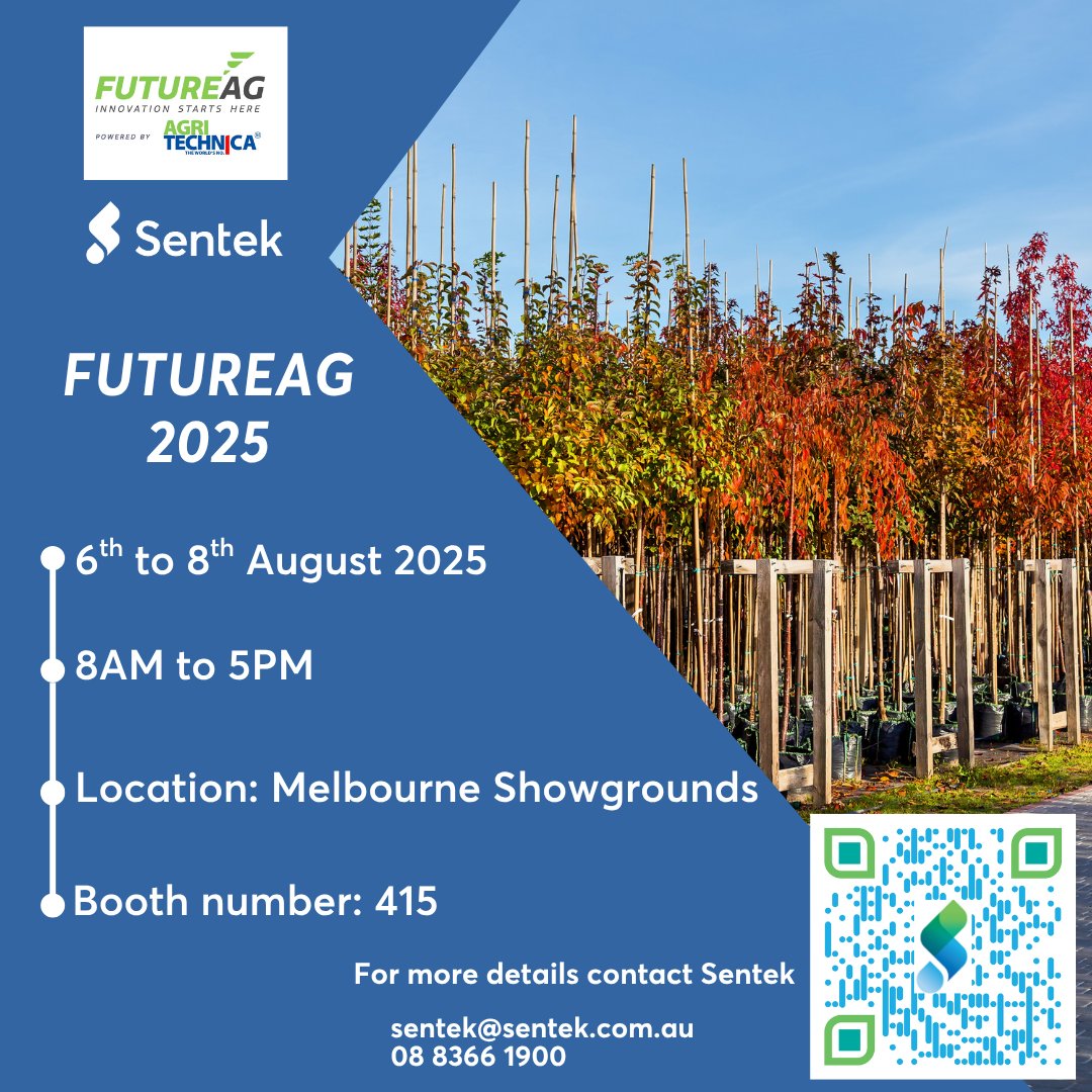 SentekTech's tweet image. Sentek is excited to be exhibiting at FutureAg 2025! 🌱💧

Come visit us at stand 415 and learn about how Sentek’s soil monitoring solution can assist you in your business and operations.

#FutureAg #senteksolutions #senteksaveswater #sustainability