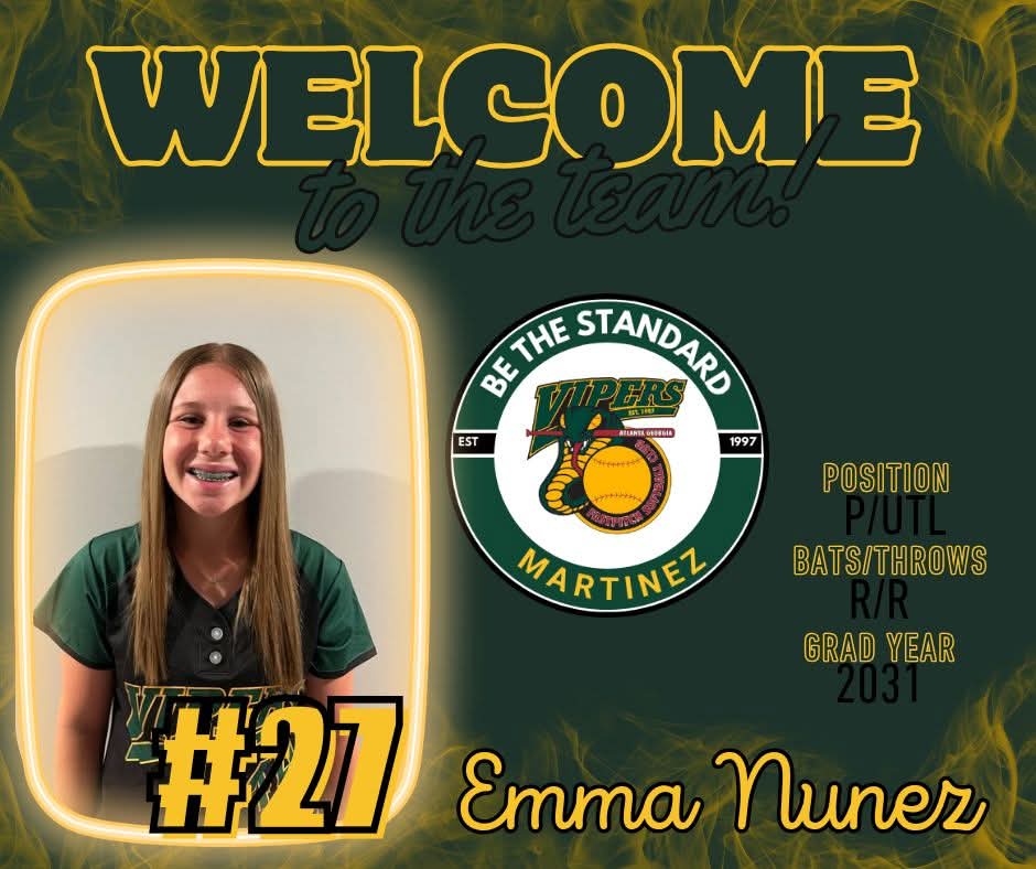 📣WELCOME📣TO📣THE TEAM!📣

We’d like to welcome #27 Emma Nunez to the ATL Vipers Martinez family!

Her experience on the mound will be a big asset, her positive attitude makes her an even better fit. We're excited to have her and can't wait to see her impact on the field!