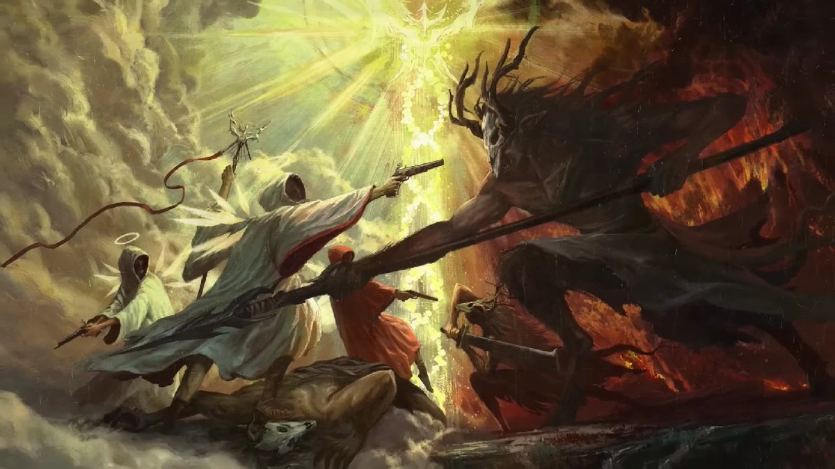 In arknights there is a race of angels (sankta) that use guns as their main holy weapon.

However there is no gunpowder in their world. The gun and each bullet are magical staves, making every gun user a talented mage.

Their god is also a precursor machine