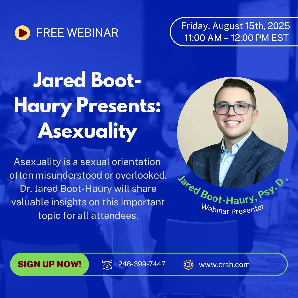 A colleague – Jared Booth-Haurey – is presenting a webinar on asexuality on Friday, Aug. 15 from 11 am to noon. This free webinar provides mental health professionals with the knowledge and skills needed to deliver culturally competent and affirmative care to asexual clients.