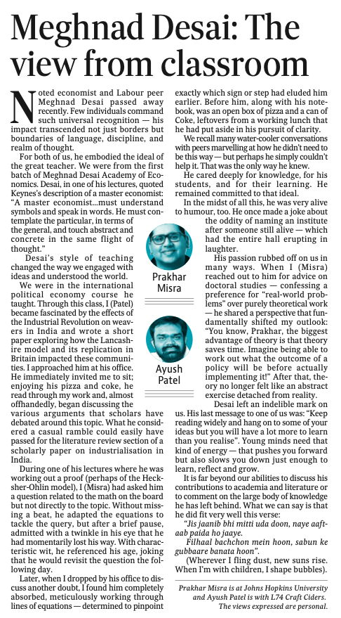 In today's <a href="/htTweets/">Hindustan Times</a> , <a href="/ayushbipinpatel/">Ayush Patel</a> and I remember the memories from Lord Meghnad Desai's Political Economy class. <a href="/CafeEconomics/">Niranjan Rajadhyaksha</a> <a href="/mdaeconomics/">Meghnad Desai Academy of Economics</a> 

hindustantimes.com/opinion/meghna…