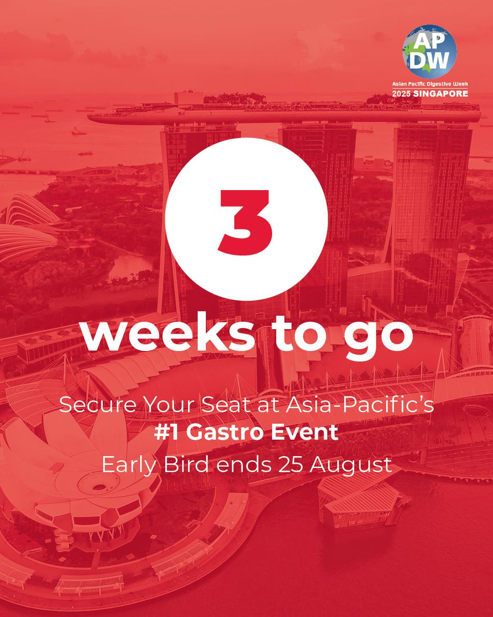 ⏳ Just 3 weeks left to save — Early Bird registrations are closing soon for #APDW2025!

The countdown is on. Join GI and hepatology leaders, rising voices, and innovators in Singapore at Asia-Pacific’s leading gastro event.

Register today: buff.ly/sL6AoKL

#GIHep #GESS
