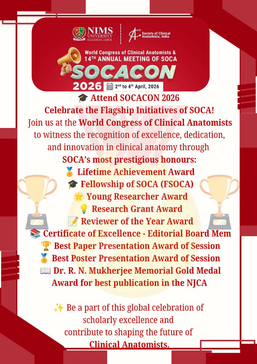🔥 Get ready for a SOCA Conference like never before!

*Many new things. Many firsts. One unforgettable journey.*

Are you in? Let’s make it the legendary World Congress of Clinical Anatomists! #SOCACON2026