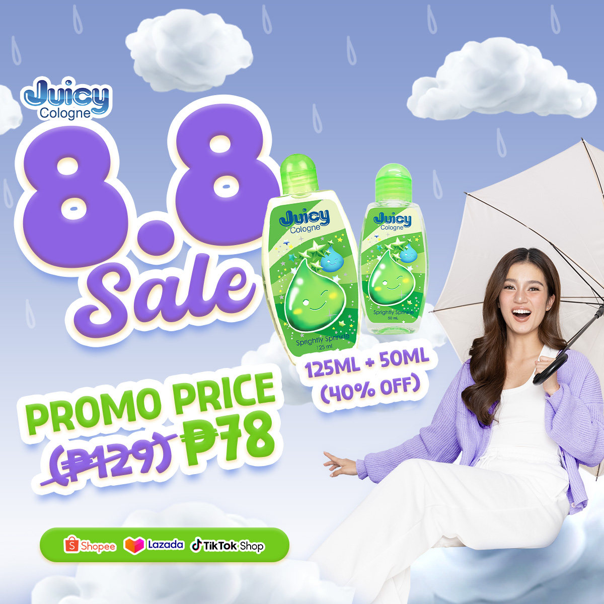 Rain or shine, you can smell divine with Juicy Cologne!🌦️ Snag your Juicy faves this 8.8!

🛒 Check out here
LAZADA: bit.ly/JuicyonLazada
SHOPEE: bit.ly/JuicyonShopee
TIKTOK: bit.ly/JuicyonTiktok

#JuicyCologne
#LetYourSweetnessShine
#JuicyColognexBelleMariano