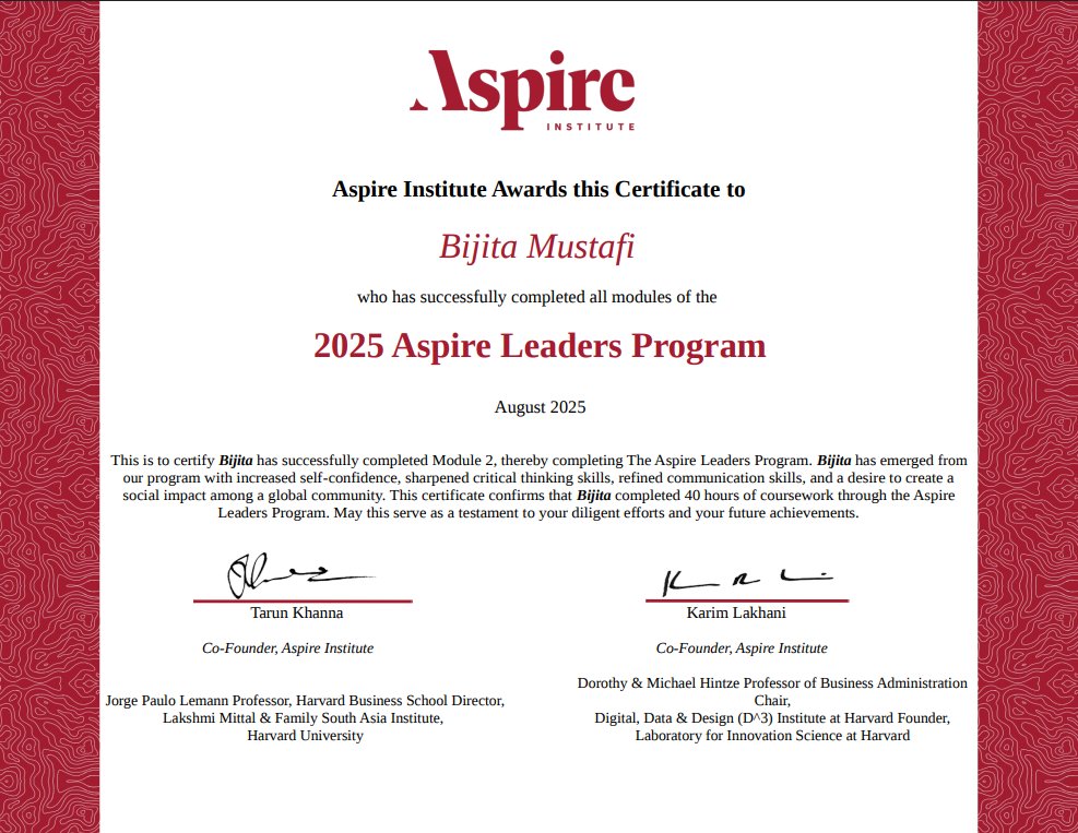 BijitaMustafi's tweet image. @aspire_leaders🎉 Proud to complete the 2025 Aspire Leaders Program by Aspire Institute, Harvard University. 🎓Gained invaluable skills in leadership &amp;amp; social impact. 🚀
#AspireLeadersProgram #Harvard #AspireInspiresFirstGen