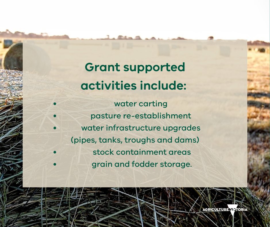 🤠 Drought support is available for farmers across Victoria. 

Eligible farmers across the state can access co-contribution grants of up to $5,000 to support on-farm drought management. 

Eligible farmers in south west Victoria can also access an additional $5,000 top-up (11