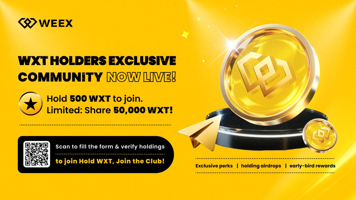 🚨 $WXT Holders Community is LIVE!
🚀Hold $WXT? Join now and claim your spot!
🎁 First 500 members share 50,000 WXT!
How to verify:
1️⃣ Hold 500+ $WXT &amp; Recharge greater than $1
2️⃣ Join the group: bit.ly/4l4IiIh
3️⃣ Verify via form: forms.gle/u2XctrLQ5qhio4…
⚠️Verification