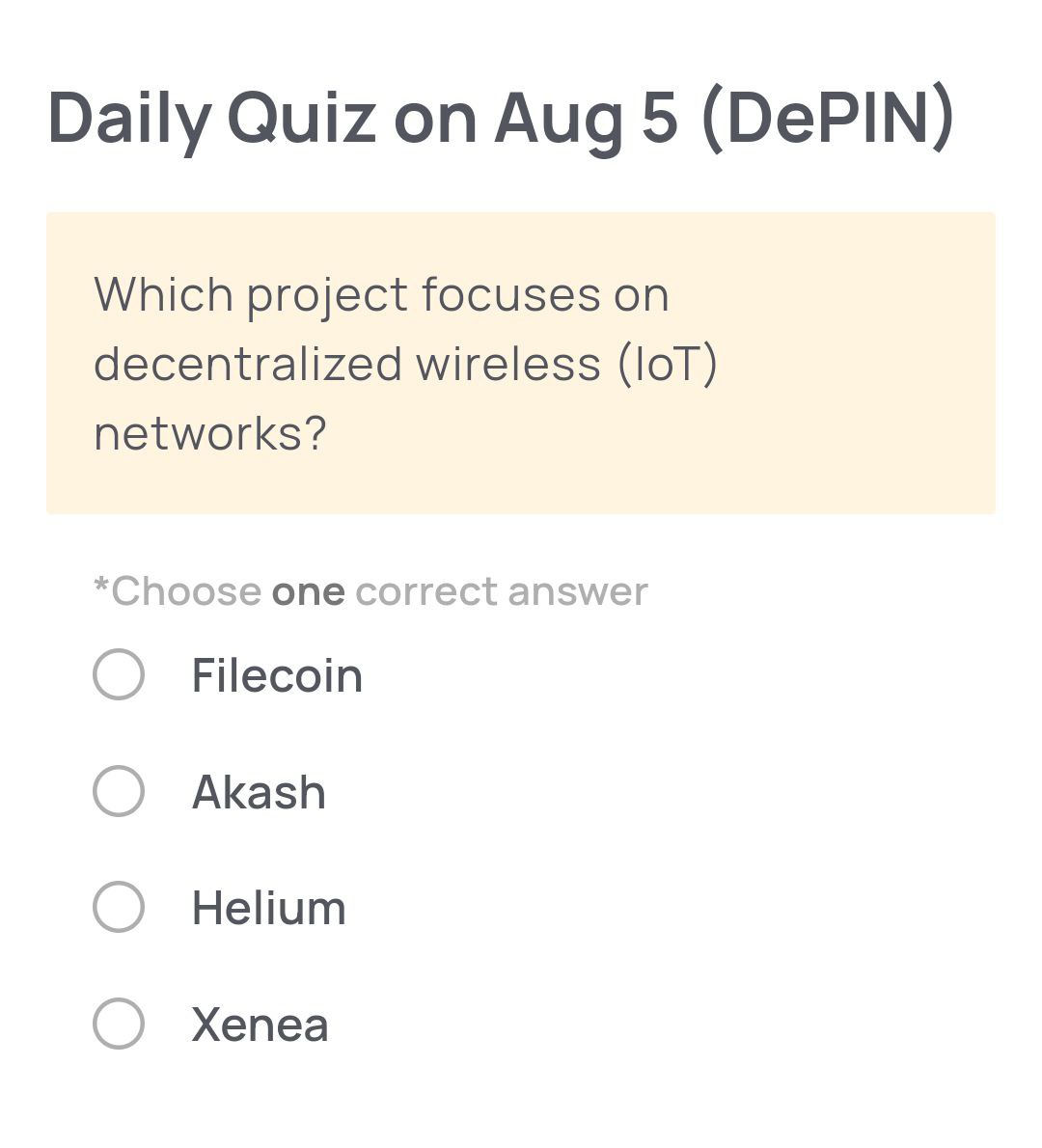 XENEA Wallet 🔍デイリークイズのヒント

このプロジェクトは、コミュニティ運営のホットスポットを利用して分散型ネットワークを構築し、IoT接続を実現します。従来の通信事業者なしでワイヤレス接続が可能です。その名前は、ある希ガスに由来しています💡