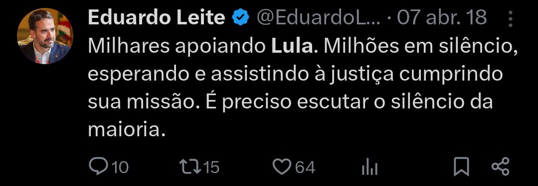 Laura Sabino (@mylaura_m) on Twitter photo Ué <a href="/EduardoLeite_/">Eduardo Leite</a> mas quando outro ex presidente foi preso vc n falou que era a justiça cumprindo sua missão? Ué <a href="/EduardoLeite_/">Eduardo Leite</a> mas quando outro ex presidente foi preso vc n falou que era a justiça cumprindo sua missão?