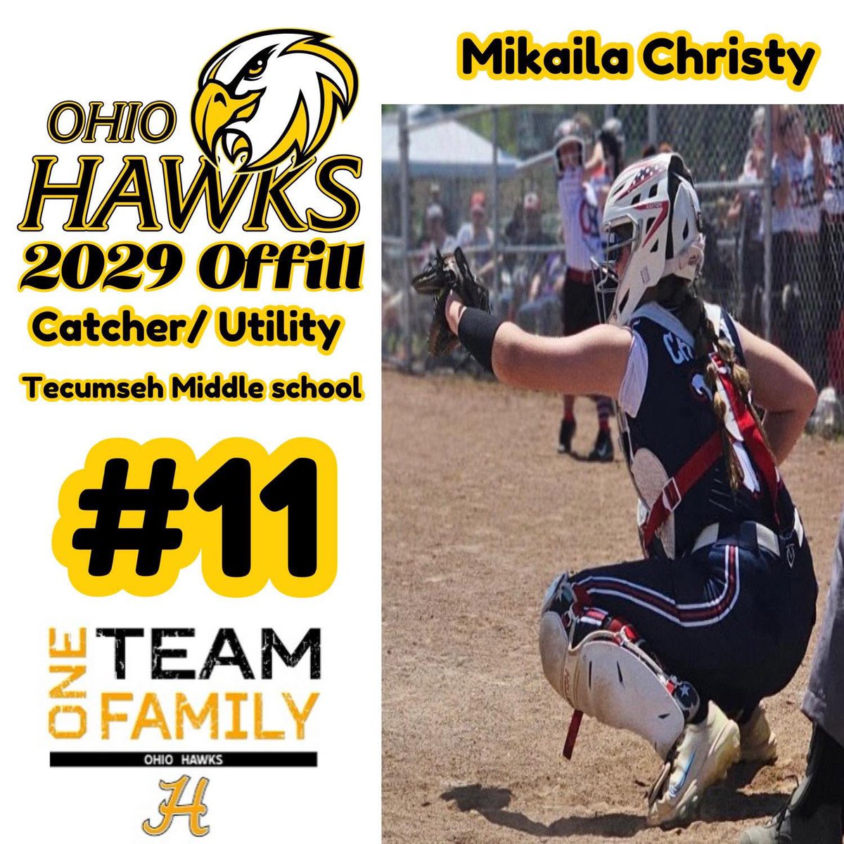 🚨Roster Alert🚨 Welcome Mikaila Christy and family to the squad!

This gritty catcher from Tecumseh MS brings determination and pop at the plate!

💥Fav Player: Michaela Edenfield
🎓Fav College: Ohio State
🎯Goals: Improve pop, throw-downs, catching mechanics &amp; hard-hit %